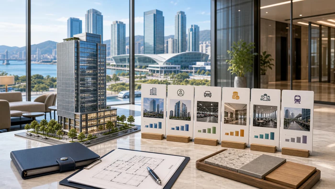 센텀 사무실 임대 시 건물 등급과 관리비, 주차, 접근성을 비교하는 이미지