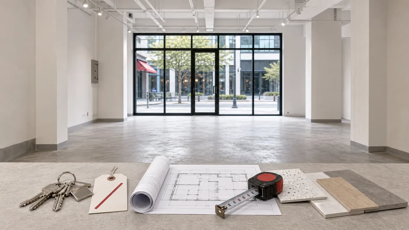 비어 있는 무권리 상가 내부에서 도면과 열쇠, 마감재를 확인하는 이미지
